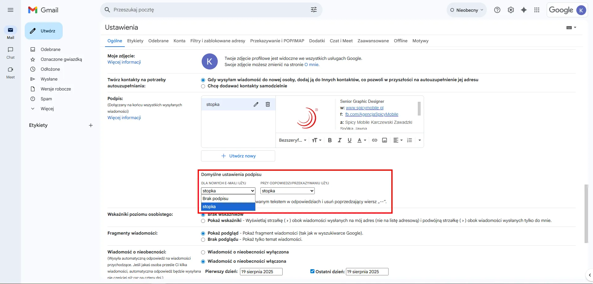 Dodawanie stopki w Gmail - Krok 3